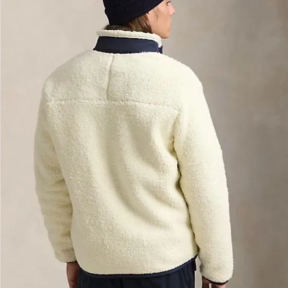 Ralph Lauren Men's Cream and Navy Pile Fleece Hybrid Jacket - Picture 3 of 13